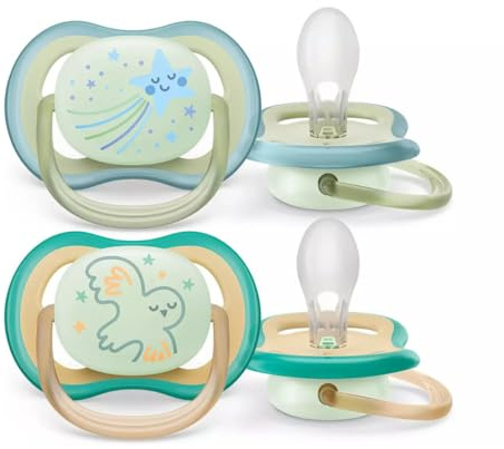 Philips Avent Ultra air Soother – 2 x ljus, lysande napp andas självlysande nappar för spädbarn i åldrarna 0–6 månader, BPA-fri med steriliseringsväska