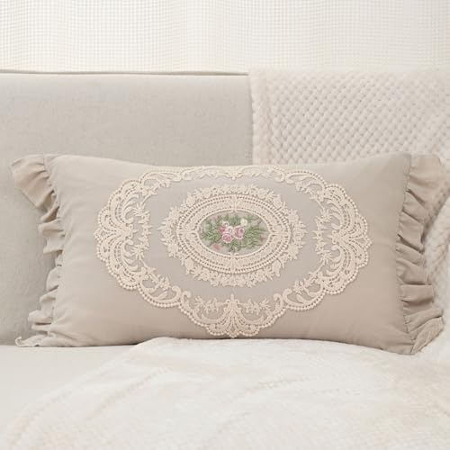 Huierxun Fundas de almohada de algodón bordadas de encaje bohemio, neutro, funda de cojín suave para sofá, cama, sala de estar, decoración del hogar (caqui, 12 x 20 pulgadas)