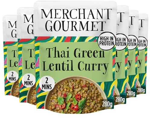 Merchant Gourmet Thai Green Lentil Curry, Vegan Ready Meal, 280g (6-Pack) | With Lemongrass & Thai Basil, High Protein & Fibre, Aromatic Curry, Plant Based, Ready in 2 Minutes, 280 g Pouches
