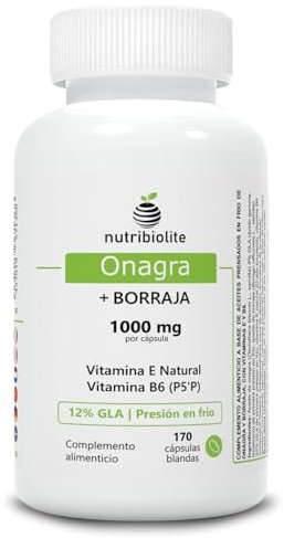 Olio di Enotera e Borragine 1000 mg con 12% GLA, Vitamina B6 P5'P e Vitamina E Naturale – Integratore per Equilibrio Ormonale, SPM, Menopausa e Salute della Pelle – 170 Perle Pressate a Freddo