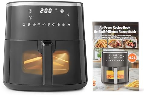 Amazon Basics Freidora de Aire, 4,2L con Ventana de Fácil Visualización, 8 Menús Preestablecidos, 1500W, Color Negro