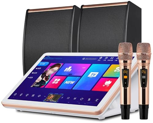 IYUESQ Karaoke Profesional, máquina de Karaoke de 15,6 Pulgadas con 2 micrófonos y parlantes inalámbricos, Disco Duro Incorporado de 500 GB, megáfono Digital DSP Profesional (Blanco)