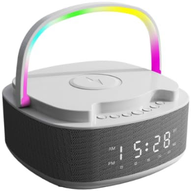 SunshineFace Radio-réveil numérique avec chargeur sans fil, haut-parleur Bluetooth, radio FM, bruit blanc et lumière ambiante LED, lampe de nuit multifonctionnelle, réveil pour chambre à coucher