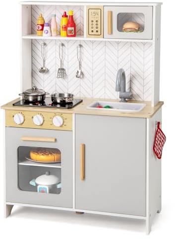 COSTWAY Kids Play Kitchen, Wooden Pretend Toy Kitchen with Lights & Sounds, Oven, Microwave, Sink, Faucet, Utensils, Children's Chef Role Play Set for Boys Girls (White+Grey)