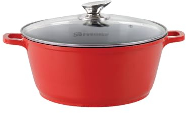 SQ Professional NEA Die-Cast Stock Pot -Aluminum Stackable Casserole Dishes Tempered Glass Lid-Non-Stick Cooking Pot- Stainless Steel knob (Rossa Red Stockpot, 28cm)