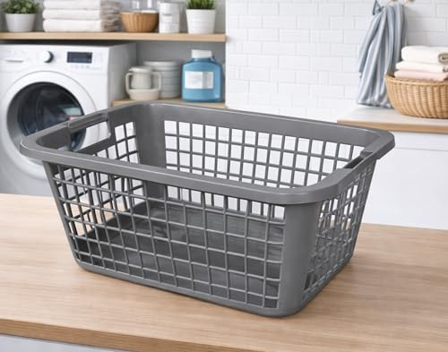 Großer Wäschekorb 69 Liter Kapazität 62x43x27 cm mit Griffen Plastik Kunststoff (Grau)