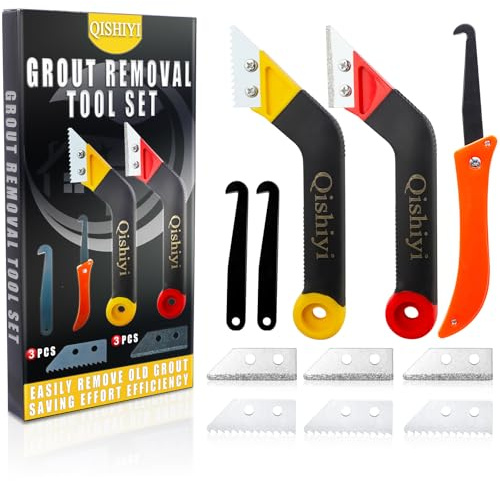 Qishiyi 11 PCS Grout Removal Tool Set,Include 2 Tile Grouts Saws 6 Pieces Blades Replacement Bonus,Hand Grout Saw,2 Grouts Cleaning Blades,Ideal for Tile Gap Cleaning and Repair