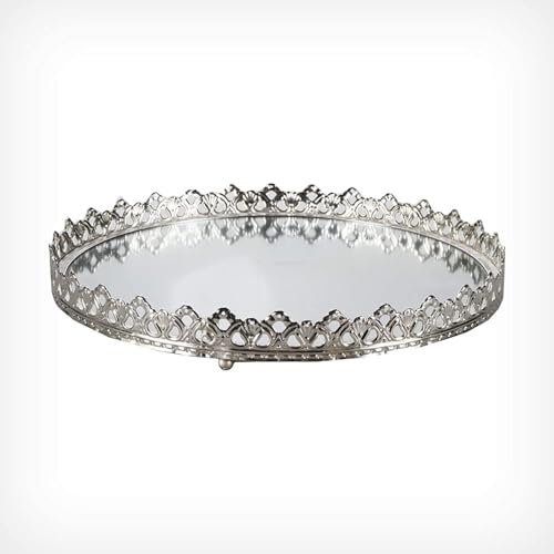 Dekorative Tabletts, Spiegeltablett, Tablett, Dekotablett Make up Organizer, Kerzentablett, Schmuckspiegel, Kosmetikspiegel - Metall/Spiegel - Geschenkidee (Ø26 cm Eva Silber)