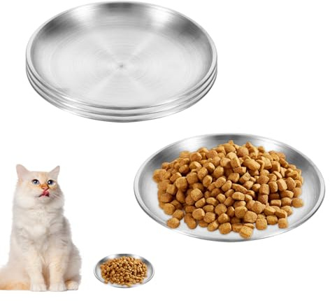 Lot de 4 bols plats en acier inoxydable pour chats, en métal pour chiens et chats, pour boire et manger à la maison, en plein air, faciles à nettoyer (14 cm)