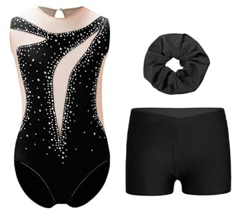 Xnihocha Mädchen Glitzer Turnanzug Ärmellose Dreiteilige Gymnastikbody mit Short Kopfbedeckung Ballettanzug Tanzkostüm