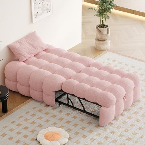 Merax 2-in-1 Polsterbett 183 x 76 x 42 cm, Ausziehbares Schlafsofa, Einzelbett Puffy-Bett, Platzsparend, für Wohnzimmer & Schlafzimmer, Stoff, Rosa