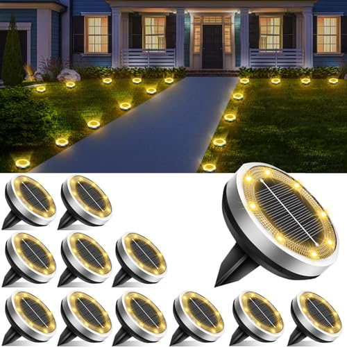 Solar Lights Outdoor Waterproof, 12 Pack 8 LED, Thickened Stainless Steel Ground Light, Solar Garden Lights Landscape Lighting for Patio Pathway Lawn Yard Deck Driveway Walkway, Warm White
