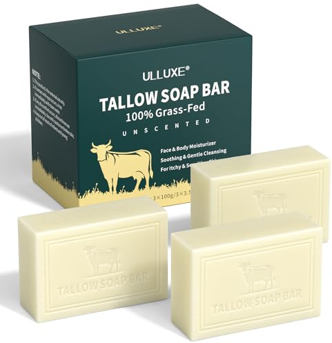Jabón de sebo de res, jabón natural de sebo de animales alimentados con pasto, sin perfume, gel de ducha hidratante para rostro y cuerpo, para piel seca, sensible y con picazón, jabón hecho a mano