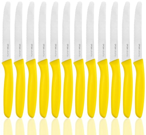 OPOLIA 12 Stück Set gelber Tafelmesser, Edelstahl, PP-Griff | Frühstücksmesser mit Wellenschliff, scharfes Buttermesser, Brotmesser, Tomatenmesser, 11 cm