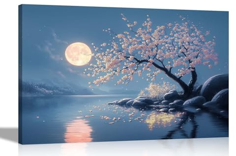 Artley Prints - Full Moon White Blossom lake Tree Canvas Pictures for Wall Modern Framed Oil Painting Prints Home Conservatory 51 x 35cm (20 x 14 inches)