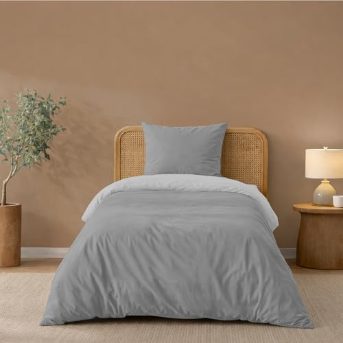 Twinzen Copripiumino Una Piazza E Mezza 140x200cm Reversibile Grigio Chiaro/Bianco, con 1 Federa 65x65cm - Set Copripiumino Matrimoniale Microfibra - Oeko-Tex