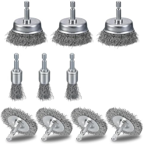 Buhdjfnke Set di 10 Spazzole Metalliche per Trapano con Acciaio al Carbonio Grezzo, Gambo Esagonale da 1/4 di Pollice per Una Rimozione Efficace di Ruggine e