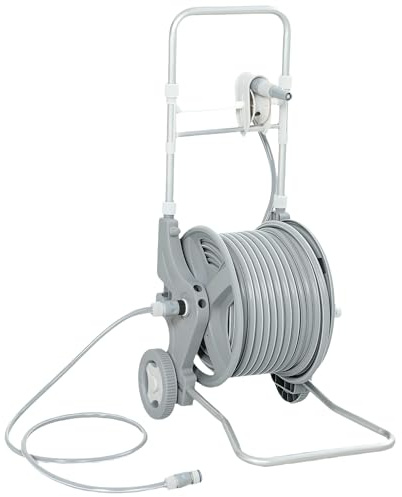 Outsunny Slangvagn 45 m slangtrumma med 2 sprejmönster, vattenadapter, slangdragning, vev, trädgårdsslangvagn för slang, slangdispenser för trädgård balkong, 45 x 44 x 78 cm grå