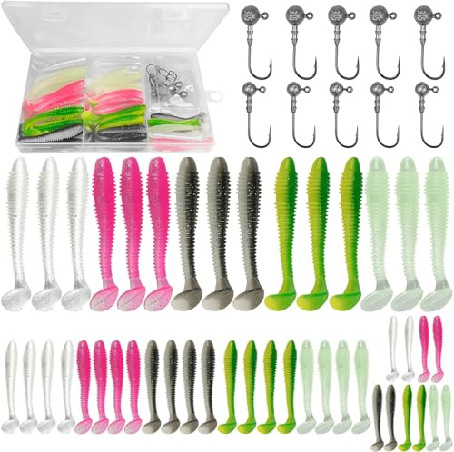 45 STK Weiche Angelköder Köder und 10 STK Dreikant-Jigköpfe für das Spinnfischen, 5.5cm+6.5cm+7.5cm Angelköder, Schwimmköder, Rubber Fishing Lure, Gummifische mit Jigkopf & Kunststoffbox, 5 Farben