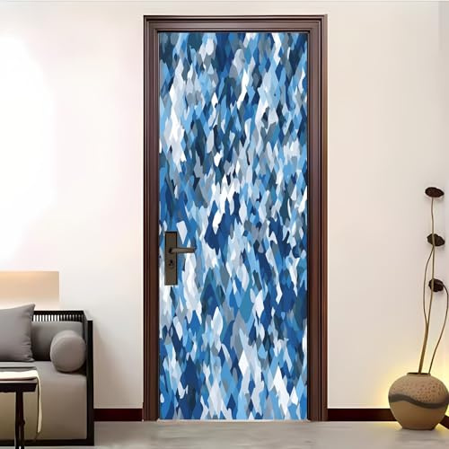 3D Türaufkleber Wandbild Selbstklebend PVC Wasserdicht 95x205 cm Modern Tarnmuster Abnehmbar TürPoster Fototapete für Wohnzimmer Blau Und Weiß Schlafzimmerküche Bad Büro