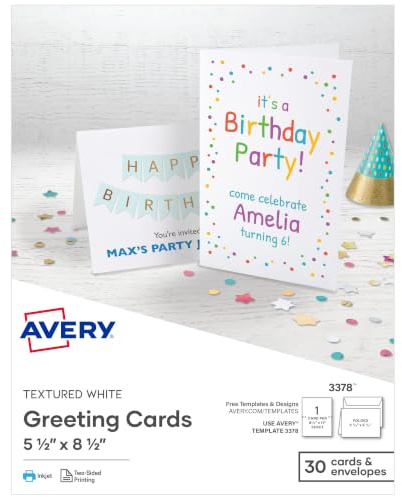 Avery Printable Half-Fold Greeting Cards, Envelopes Included, 5.5 x 8.5, Textured White, Laser & Inkjet Compatible, 30 Blank Cards Total, Great for Product Branding, Marketing, and More (3378)