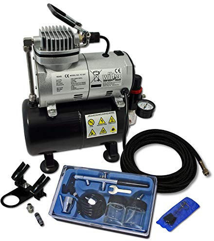 Wiltec Einsteiger Airbrush Kompressor Set AS186 mit 1 Airbrushpistole Typ 128 und umfangreichem Zubehör, 3 l Drucktank, für Modellbau, Tattoos, Nailart