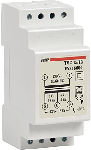 VEMER VN316600 TMC 15/12 - Trasformatore 12V per Servizio Continuo, Installazione su Barra DIN, Potenza 15V, Bianco