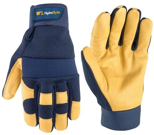 Wells Lamont Men's Leather Palm Work Gloves – HydraHyde Water-Resistant Leather, Flexible Spandex Back, Adjustable Closure – Ideal for Construction, Landscaping, DIY Projects – Blue, X-Large (3207XL)