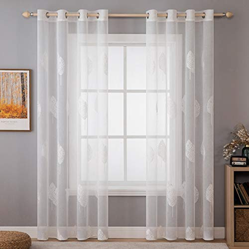 MIULEE Wohnzimmer Vorhänge Transparent mit Weiss Blätter Muster, Modern Stickerei Gardinen Ösen für Schlafzimmer Deko, 2er Set Schöne Blätter Muster Vorhang Fenster H 225 x B 140