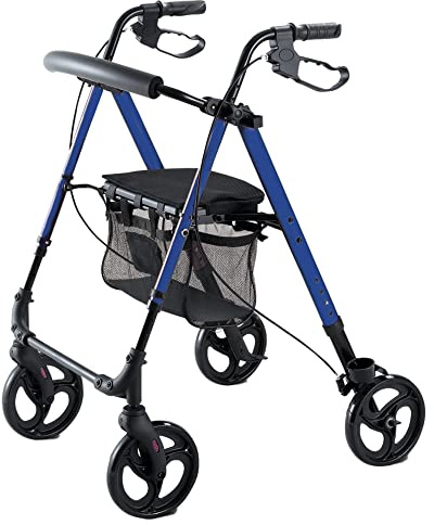GIMA Deambulatore Leggero, Pieghevole e Regolabile in Altezza, Telaio in Alluminio Leggero, Sedile Regolabile, Schienale Imbottito, Portaoggetti, Freni ad Anello Autobloccanti, Blu
