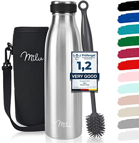 Milu Stainless Steel Drinking Bottle 500 ml - Insulated Thermo Flask for Water - Leak Proof, Insulated and Double Walled, Carbonated (Stainless Steel, 500ml)