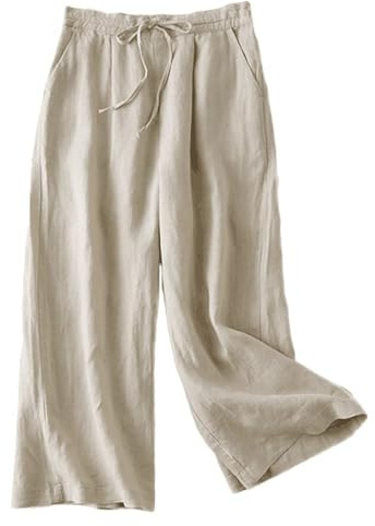 FTCayanz Donna Pantaloni Larghi Lino Vita Alta Pantaloni Gamba Larga Estivi con Coulisse Beige M