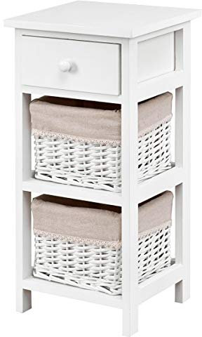 COSTWAY Nachttisch mit Schublade und 2 Aufbewahrungskörben, Beistelltisch Korbkommode, Schubladenregal für Schlafzimmer, Wohnzimmer 28x26x60cm (White)