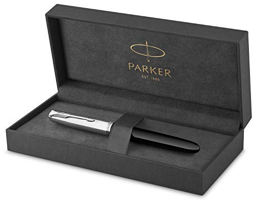 Parker 51 Füller | Schwarzer Schaft mit Chromfarbenen Zierteilen | Füllfederhalter mit feiner Feder und Schwarzer Tintenpatrone | Geschenkbox