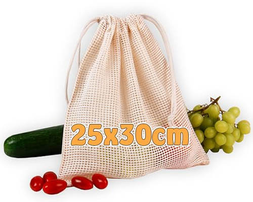 Cottonbagjoe ,,Zero Waste'' | wiederverwendbare Brot-, Obst- und Gemüsebeutel aus Bio-Baumwolle | nachhaltige Netzbeutel mit Kordelzug für den Einkauf und zur Lagerung