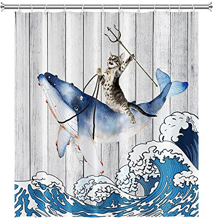 SDOTPMT 180x180cm Gracioso Gato Montando Ballena Cortina de la Ducha Antiguo Madera Piso Japonés Mar Océano Ola Cortina de baño Lindo Caricatura Cortina de bañera Impermeable para Baño con Ganchos
