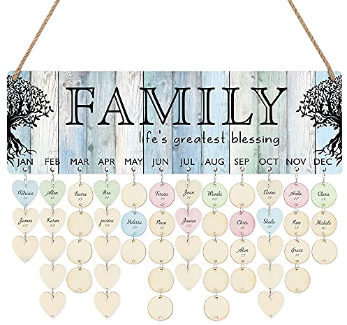 CHDITB Erinnerungs-Kalenderbrett für Segensfamilie (40.6x12.7 cm), DIY-Geburtstagskalender aus Holz mit 100 Holzanhängern, dekoratives Familien-Geburtstagsschild, Muttertag, Geschenk