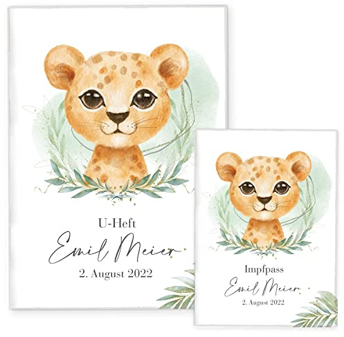 Cozy Racoon U-Heft- und Impfpasshülle mit Personalisierung| 3- teiliges Set | Hochwertige Hülle für Untersuchungsheft und Impfpass Deines Kindes | Löwen Junge (mit Personalisierung)