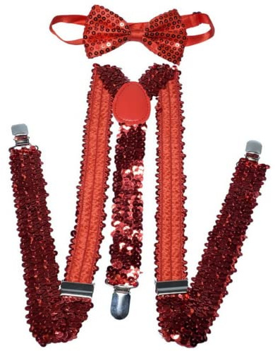 CHENGZI Pailletten-Strapse mit Fliege, elastisch, Y-Rücken, Straps-Hosenträger, rot, Einheitsgröße