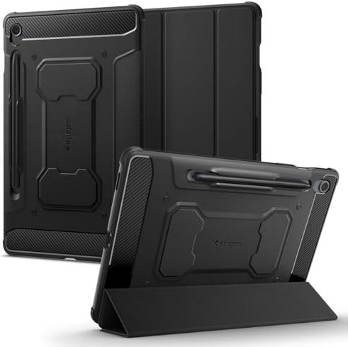 Spigen Rugged Armor Pro Hülle für Galaxy Tab S10 Lite (2025) / S9 FE (2023) | Robuste Hülle mit S Pen Halter, Tri Fold Cover mit Standfunktion, Auto Sleep und Wake Funktion - Schwarz