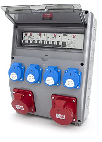 KOOP Elektro Wandverteiler mit FI-Schalter und Schuko 4x230V + 2xLS-Schalter, 1xCEE 16A, 1xCEE 32A, Steckdosen, Abgesichert, Verdrahtet, Anschlußfertig für Werkstatt, Garage, Fabrik, Feuchtraum.