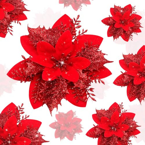 YSUVIN Fleurs de Noël Poinsettia, 10 Pcs Rouge de Fleurs de Noël Pailletées, Fleurs de Noël Artificielles avec 10 Pcs de Clips pour Noël, Mariage, Fête du Nouvel an (14cm)