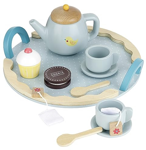 Baroni Toys Juego de té de Madera Montessori 10 Accesorios, Juego Educativo de Madera, Tetera de Madera para niños, Juego de imitación para niños de 3 a 7 años
