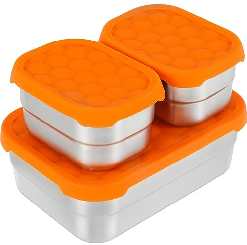 HAIJED 3Pcs Stainless Steel Snack Containers and Silicone Lid, 44oz Leakproof Snack Box, Reusable Small Food Store Containers, Portable Salad Box Dishwasher Freezer Safe for Daycare School