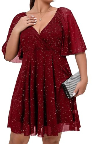 887 - Plus Size Short Sleeves Wrapped V Neck Sequins Glitter Skater Style Cocktail Evening Club Dress (Burgundy Flutter Sleeves, 3X)