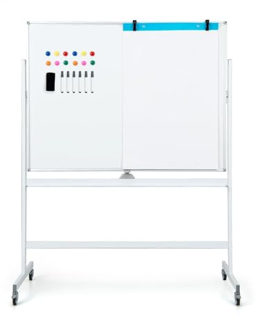 GOPLUS Tableau Blanc Effacable Amovible avec Hauteur Réglable 161-181cm, Tableau Blanc Magnetique Rotatif 360° avec 4 Roue, 1 Effaceur, 12 Aimant, 2 Clip, 6 Marqueur, 25 Papier pour École, Bureau