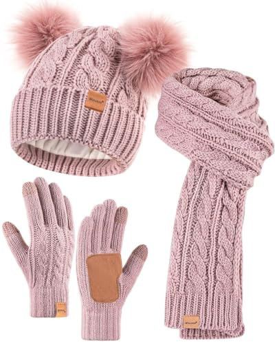 Winuesa Mütze, Schal & Handschuh-Sets für Damen, Beanie Mütze Damen Winter mit Bommel Fleece Gefütterte, Touchscreen Handschuhe Schal Mütze Damen 3 in 1 Set(Rosa)