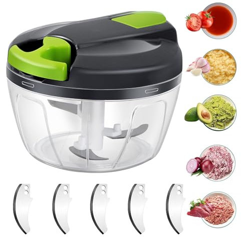 Cortador de cebolla manual de 520 ml con 3 cuchillas de acero inoxidable, 5 cuchillas extra y 1 batidora, cortador de cebolla, cortador de cebolla con disc…