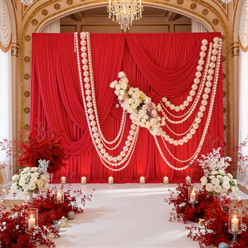 Lot de 10 Rideaux de Fond infroissables en Polyester Soyeux pour fêtes, Noël, Mariage, fête d'anniversaire, Photographie - 15,2 x 3 m - Rouge