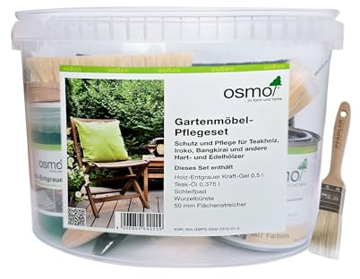 Osmo Gartenmöbel Pflegeset Holz-Entgrauer 500 ml Teak-Öl 007 0,375 l Schleifvlies Wurzelbürste Flächenstreicher 50 mm PFAHLER-Pinsel